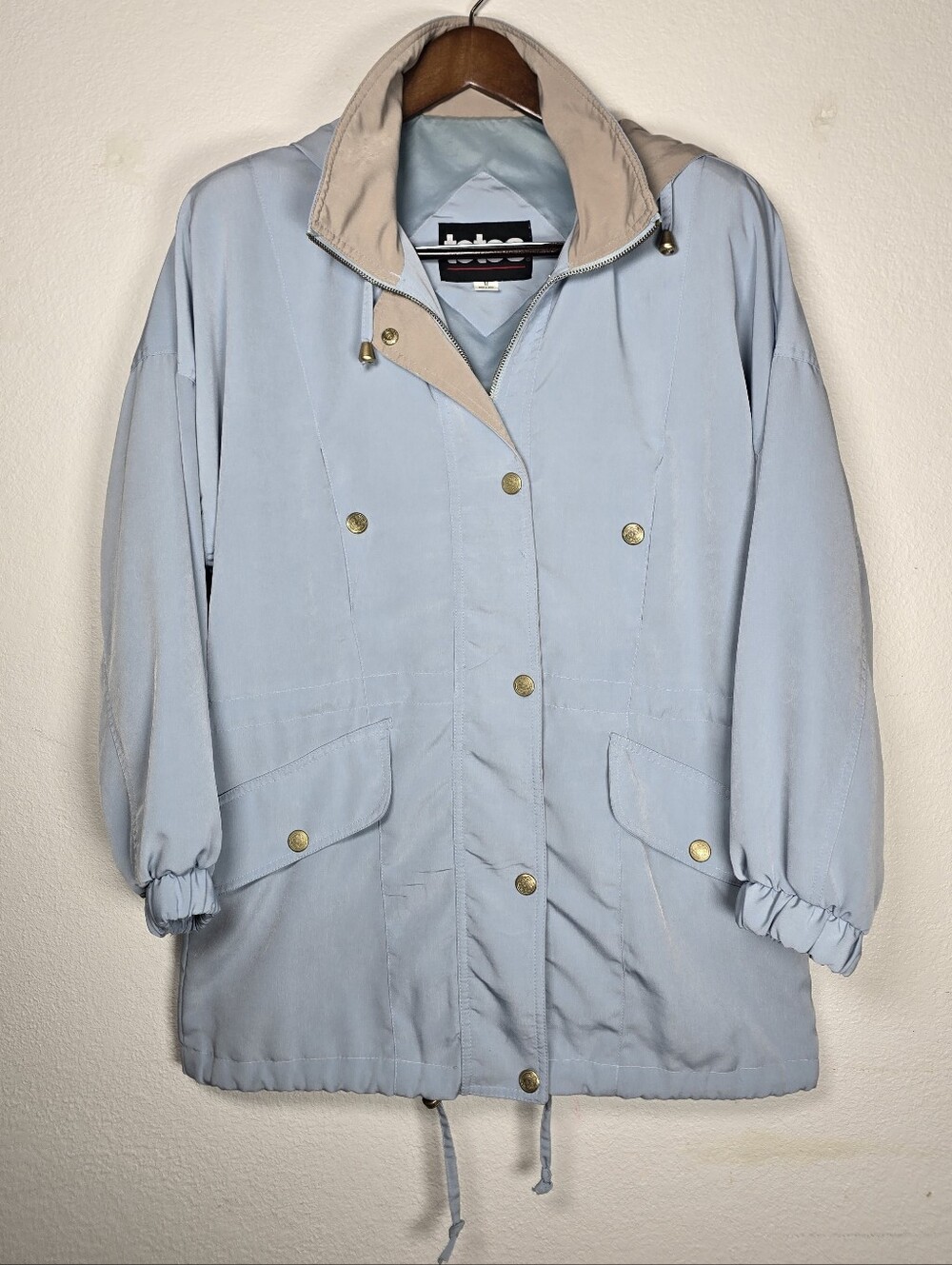 Vintage Totes Shimmery Powder Blue & Tan Hooded Dropped Shoulder Jacket Size M